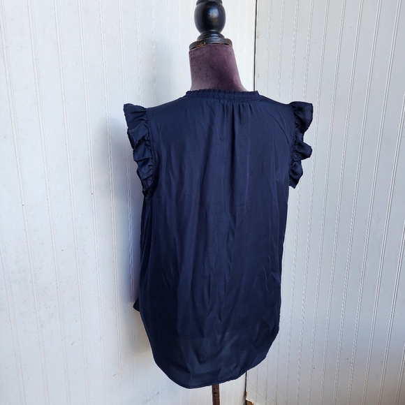 Ann Taylor Ruffle Mock Neck Satin Blouse Top Navy Blue Sleeveless Pullover Sz LP - Picture 6 of 10